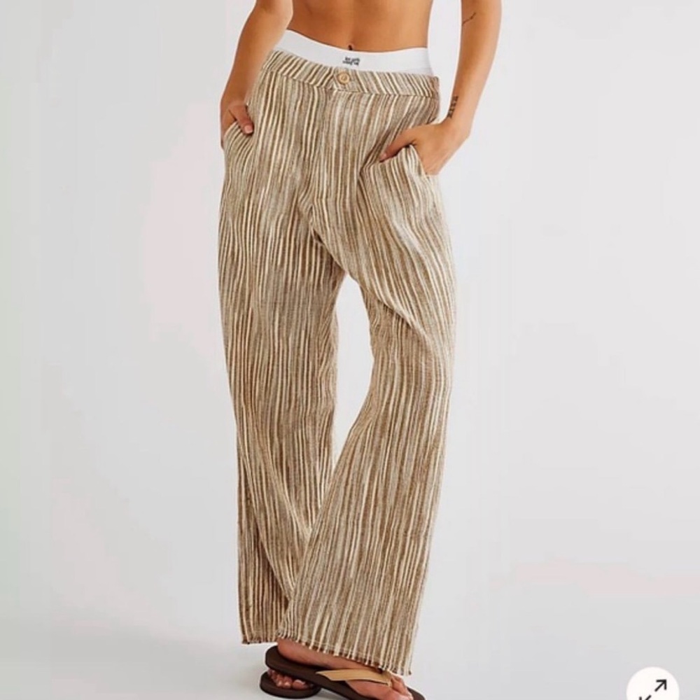 Free People Striped Wide-Leg Ankle Pants — Beige & White